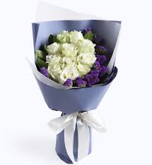 Bouquet of pink daisies with white chrysanthemums and purple statice flowers beside red gift box. 11 Stems White Rose With Dark Purple Statice Angelic Flower