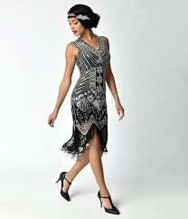 1920s Deco Silver Black Veronique Fringe Flapper Dress Vintage Flapper Dress 1920s Fashion Dresses 1920s Flapper Dress
