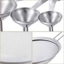 Kitchen funnel for filling bottles, cooking oil funnel with strainer and 200 mesh filter, tea grease juice food strainer, 18/8 stainless steel funnel (5 inch mouth, 0.63 inch stem) 4.8 out of 5 stars 314 Stainless Steel Funnels Set 6 Pcs Kitchen Funnels Canning Funnel Fine Mesh Stainless Steel Strainer Colander Sieve Buy Stainless Steel Funnels Set 6 Pcs Kitchen Funnels Canning Funnel Fine Mesh Stainless Steel Strainer