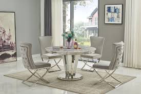 The solid wood frame is finished with a weathered gray wash that accentuates natural variations in the grain. 130 Round Marble Dining Table 4 Light Grey Chairs Homegenies
