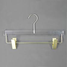 Crystal clear, beautiful acrylic, yet space saving and affordable. available in gold, chrome or rose gold. China Custom Clear Acrylic Pants Skirt Hangers With 2 Gold Clips China Pant Hanger And Clothes Hanger Price