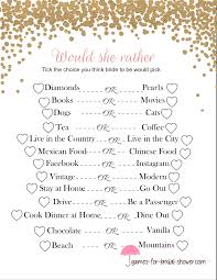 This game is perfect for younger crowds and fun for a jack and jill bridal shower or wedding shower. Free Printable Would She Rather Bridal Shower Game