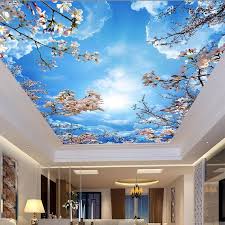 Custom Wallpaper Blue Sky White Clouds Cherry Blossoms Ceiling Mural Ceiling Murals Wallpaper Ceiling Bedroom Ceiling Wallpaper