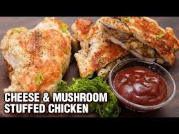 Next time you cook up a chicken breast, try stuffing it with your favorite flavors — caprese, fajita, greek, and more. Cheese And Mushroom Stuffed Chicken Recipe Mushroom And Mozzarella Stuffed Chicken Breast Tarika Youtube