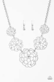 Paparazzi Crowned Carnation White Rhinestone Silver Blossom Flower Necklace Earring Set White Necklace White Rhinestone White Bracelets