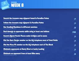 The fortnite cheat sheets were created by twitter user @squatingdog and rounds up everything you need to. Fortnite Season 8 Week 8 Challenges