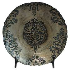 Gold And Jade Toledo Bowl Decorative Art Glass Plate With Display Stand