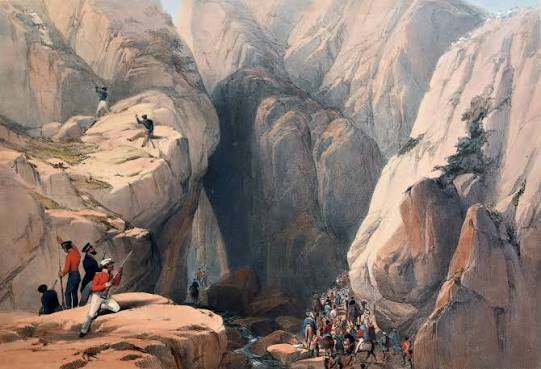 Balochs in the Bolan Pass (sniping down the British invaders passing through their territory towards Kandahar), 1839. Sketch by James Atkinson.