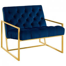 Blue Navy Tufted Velvet Square Box Gold Frame Arm Chair Velvet Accent Chair Luxury Chairs Accent Chairs