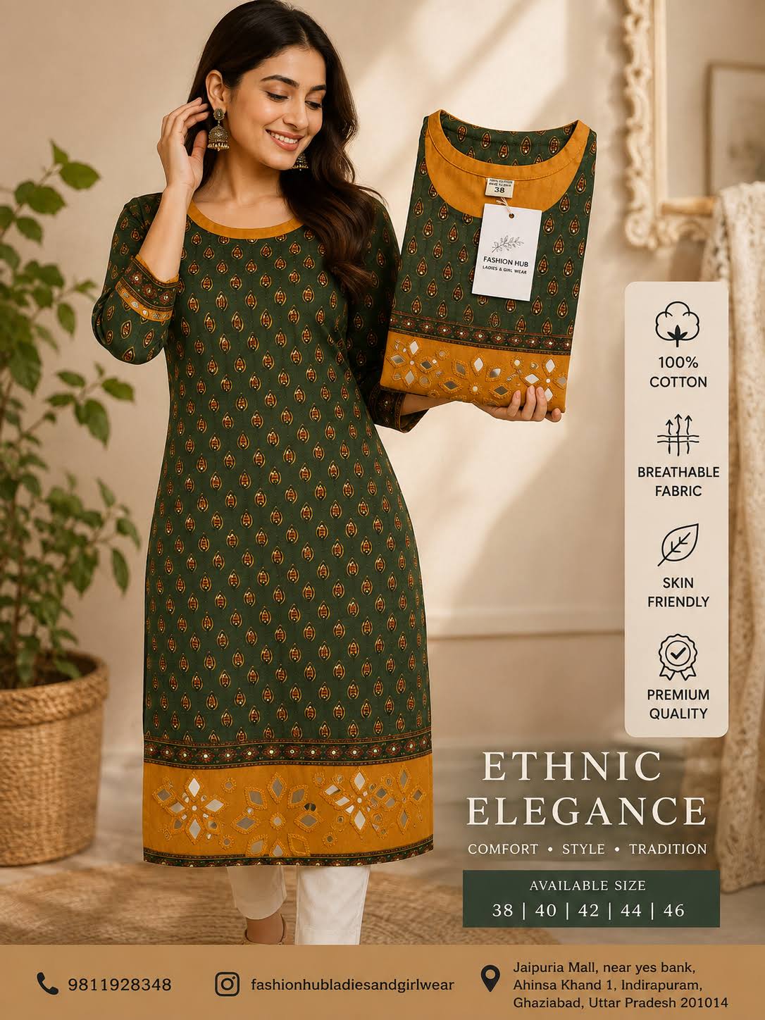 Green & Mustard Ethnic Cotton Printed Kurta product image