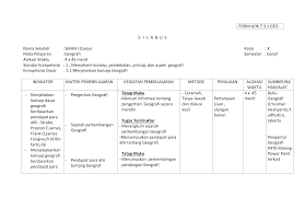 Silabus sejarah indonesia kelas x k13 revisi 2020 , yang digunakan saat ini ada yang sudah menerapakan kurikulum 2013. Silabus Geografi Kelas X