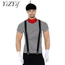 Men Adults French Mime Artist Circus Halloween Cosplay Costume Striped T Shirt With Beret Red Scarf Suspender And Gloves Holidays Costumes Aliexpress