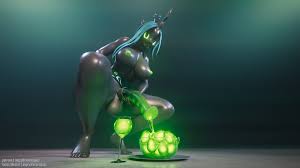 3104942 - explicit, artist:angrydraconequus, queen chrysalis, changeling,  changeling queen, anthro, plantigrade anthro, g4, 1080p, 16:9, 3d, 3d  render, areola, balls, big breasts, blender, blender cycles, blue hair,  bowl, breasts, busty queen chrysalis,