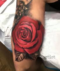 Black And Grey Flower Tattoos With Color Beautiful Red Rose Colour Arm Tattoo With Black And Grey Sleeve By Kylie Wild Heslop Canberr Red Rose Tattoo Black And Grey Rose Tattoo Rose Shoulder Tattoo
