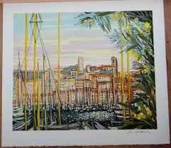 Michel Henry Lithograph Cannes Old Port Of Suquet Cote D Azur Marina Old Rigging Yachts And Mimosas French Riviera Mediterranean Mediterranean Decor Marine Decor Mediterranean Colour