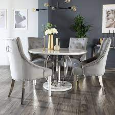 Breakfast, lunch, or dinner, the hillsdale pine island 7 piece round extension dining set with wheat back chairs offers southern sophistication during any time of day. Savoy Round White Marble And Chrome Dining Table With 4 Imperial Grey Velvet Dining Chairs Furniture And Choice