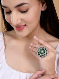 Silver Plated Amercian Diamond Green Stone Finger Ring