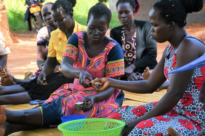 A local Village Savings and Loans Association (VSLA) group managing their community credit fund., AI generated