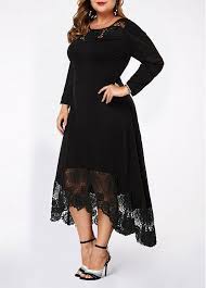Plus Size Lace Panel Asymmetric Hem Dress Modlily Com Usd 21 26 Plus Size Black Dresses Patchwork Dress Cold Shoulder Lace