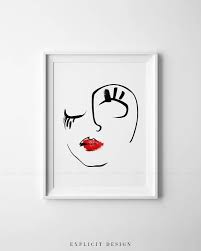 Black And White Red Lipstick Art Printable Abstract Beauty Face Drawing Brush Line Art Print Etsy Red Art Print Lip Artwork Female Face Drawing