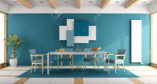 A mix of stationery & swivel dining chairs brings dynamic seating style to your space, with comfort & mobility. Modern Blue Dining Room With White Table And Blue Chair 3d Stock Photo Picture And Royalty Free Image Image 74622640