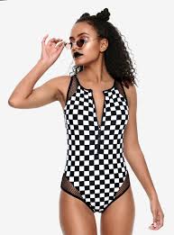Black And White One Piece Bathing Suit Black White Checkered Zip Up Swimsuit Checkered Outfit One Piece Checkered Swimsuit