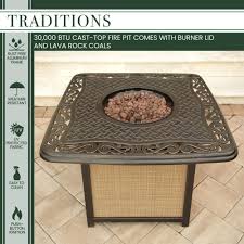 Patio fire pit outdoor dining room lawn and garden fire pit coffee table coffee table table decor porch table outdoor backyard. Hanover Traditions 5 Piece Patio Fire Pit Chat Set With 4 Cushioned Dining Chairs And A 30 000 Btu Cast Top Propane Fire Pit Table Trad5pccfp Tan