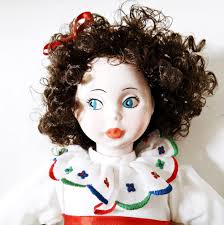 Fanas Artesanos Doll 16 inches vintage porcelain, hand made in Spain, flat  bottom Sitting, White gown red shoes, curly hair with tags