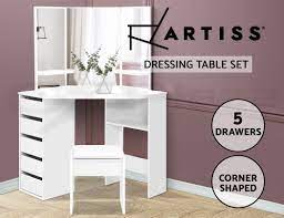 * elegant dressing table and stool * 180° swivelling mirror * foldable side mirrors * compensated table design * 4 generous sized package content: Artiss Corner Dressing Table With Mirror Stool White Mirrors Makeup Tables Chair 9355720044690 Ebay