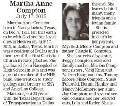 Martha Anne Compton (Deceased), Nacogdoches, TX Texas last lived in Dallas,  TX USA