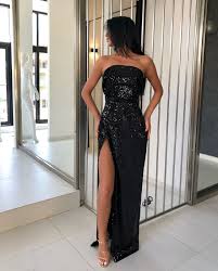 Black And Silver Prom Dresses Strapless Black Sequin Evening Gowns With Split Prom Dresses Sleeveless Sequin Prom Dresses Sequin Evening Gowns