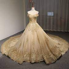 Luxury Off Shoulder Gold Tulle Beaded Wedding Dress Cathedral Train Bridal Gown Fashion Wedd Wedding Dress Champagne Ball Gown Wedding Dress Bridal Ball Gown