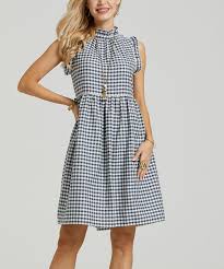 Suzanne Betro Dresses White Navy Gingham Ruffle Trim A