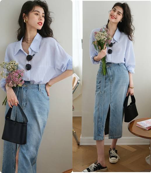 Chân váy denim dáng dài kết hợp áo sơ mi trắng mang đến vẻ ngoài thanh lịch, phù hợp môi trường công sở.