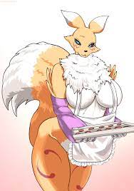 104826 - suggestive, artist:lemonbizate, fictional species, renamon,  anthro, digimon, 2021, apron, armwear, black nose, black sclera, blue eyes,  body markings, breasts, chest fluff, claws, clothes, colored sclera,  cookie, ear fluff, eyebrows, eyelashes,