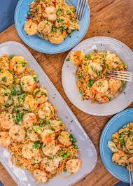 Spanish Shrimp Scampi Pimento Rice With Peas Seafood Entrees Shrimp And Rice Recipes Seafood Recipes