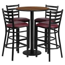 30 Round Walnut Laminate Table Set With 4 Ladder Back Metal Bar Stools Burgundy Vinyl Seat Rsrb1028 Gg By Metal Bar Stools Bar Table Sets Flash Furniture