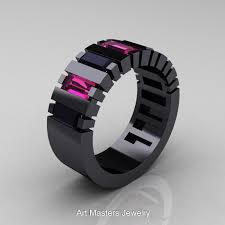 Black And Pink Wedding Ring Modern 14k Black Gold Baguette Black Diamond Pink Sapphire Tank Mens Wedding Ring R395 14kbgpsbd Black Gold Ring Black Gold Jewelry Mens Ring Designs