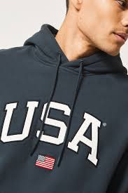 Men Hoodie with embroidered USA text Vintage blue