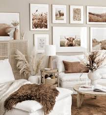 Summery Gallery Wall Art Beige Living Room Highland Cow Poster Oak Frames Beige Living Rooms Beige Room Chic Bedroom Decor