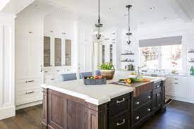 Check spelling or type a new query. Chocolate Brown Oak Island With Honed White Marble Counter Transitional Kitchen