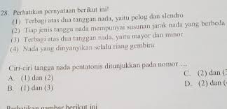 Tangga nada pentatonis hanya terdiri dari lima nada pokok (penta yang berarti lima; 28 Perhatikan Pernyataan Berikut Ini 1 Terbagi Atas Dua Tanggan Nada Yaitu Pelog Dan Slendro 2 Brainly Co Id