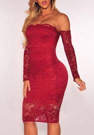 Red Floral Lace Backless Off Shoulder Bodycon Long Sleeve Party Midi Dress Bodycon Dress Parties Midi Dress Party Lace Outfit