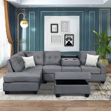Sectional Sofa 3 Piece Sofa Sets Couches With Reversible Chaise Lounge Storage Ottoman For Living Room 3 Piece Sectional Sofa Microfiber With Chaise Lounge Storage Ottoman And Cup Holders Grey Furniture Home