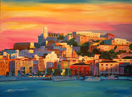 Ibiza Eivissa Old Town And Harbour Pearl Of The Mediterranean Etsy In 2020 Mediterranean Paintings Skyline Painting Etsy Art Painting