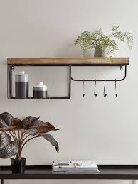 rustic wooden shelf with hooks metal