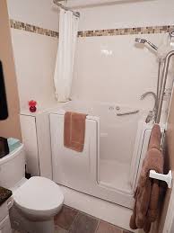 Liberty Walk In Bathtub With Custom Tile Surround Shower Curtain And Rod This Narrow Model Fits Thru Doorw Small Bathroom Walk In Tub Shower Tub Shower Combo