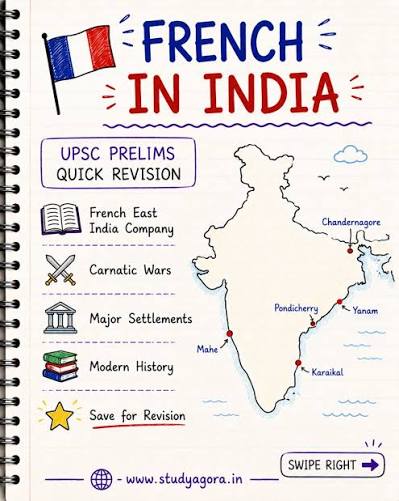 🇫🇷 French Settlements in India – UPSC Quick Revision Before the British emerged as the dominant colonial power, the French established several important trading settlements along the Indian coast. 🟢 Puducherry (1674) –