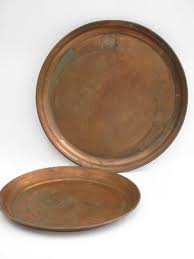Large antique persian hand hammered copper tray. Two Large Round Heavy Solid Copper Trays Vintage West Bend