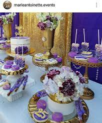 I love the watercolor effect of the design. Purple Gold And White Dessert Table Purple Birthday Party Gold Birthday Party Purple And Gold Party